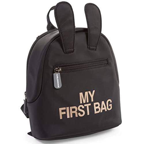 CHILDHOME, Baby Backpack, School, Kindergarten, Nursery, Two Compartments, Lunchbag/Bottle Capacity, Removable Safety Buckle, Waterproof, My First Bag, Black and Gold