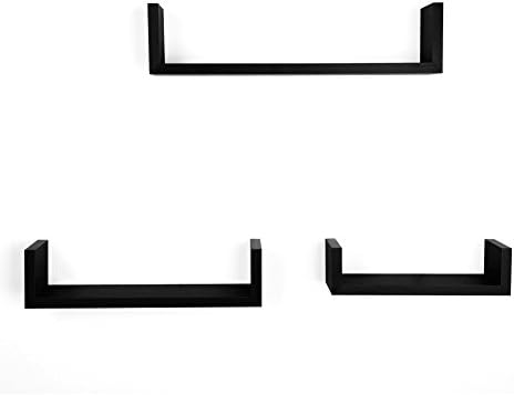 Wall Shelves, Sincelee Set of 3 Floating U Shelves in Walnut Finish Storage Shelf U-Shaped Display Wall Ledges Home Décor (Black)