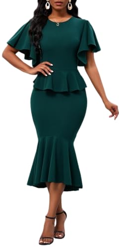 Women's Vintage 50S 60S Cocktail Dress Ruffle Sleeve Round Neck Peplum Mermaid Midi Funeral Bodycon Knee Length Dresses(Green Small) at Amazon