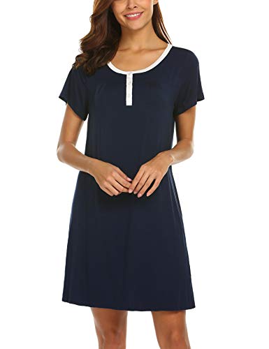 Ekouaer Women's Cotton Sleepwear Shirts Loose Top Henleys Short Sleeve Nightgown Dress