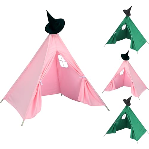 Wowangce 8 Pcs Teepee Tent Set - Green Pink Witch Theme Foldable Cotton Canvas Birthday Party Sleepover Tents with Witch Hat for Kids Halloween 2025 Decoration
