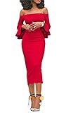 Molisry Women Off Shoulder Ruffle Long Sleeve Bodycon Party Midi Dress