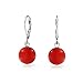 Simple Plain Gemstone Dyed Red Natural Coral Ball Round Drop Dangle Earrings For Women Teen .925 Sterling Silver