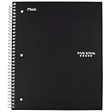 Five Star Spiral Notebook, 5 Subject, College Ruled Paper, 200 Sheets, 11" x 8-1/2", Black (72081)