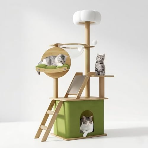 Cat Tree Top 150 cm with 1 Space Capsule, 1 Cat House, 1 Cat Scratching Board, 1 Cat Hammock, 1 Plush Jumping Platform, 1 Toy Ball, 1 Green Cushion (Green)
