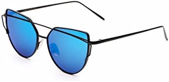 Cat Eye Sunglasses Large Oversized - Mirrored Lenses Fashion Metal Frame Women Black / Blue Lens