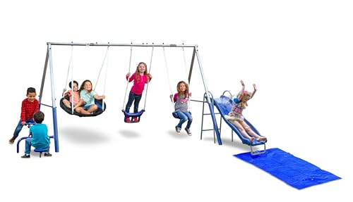 Free N’ Swing Plus with 5' Water Slide and Ground Tarp -7 User / 5 Station Metal Backyard Play Swing Set. 168