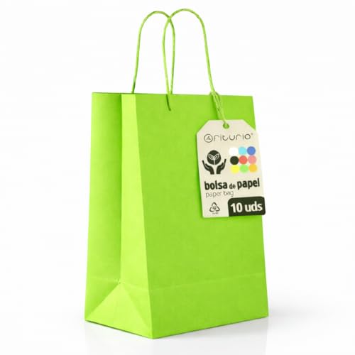 Green Paper Bags XL with Handles - Pack of 10, Robust and Recyclable Bags for Gifts and Trade - OFITURIA (42 x 16 x 49 cm, Green)