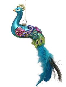 December Diamonds Blown Glass Ornament - Glass Peacock with Blue Feather Tail