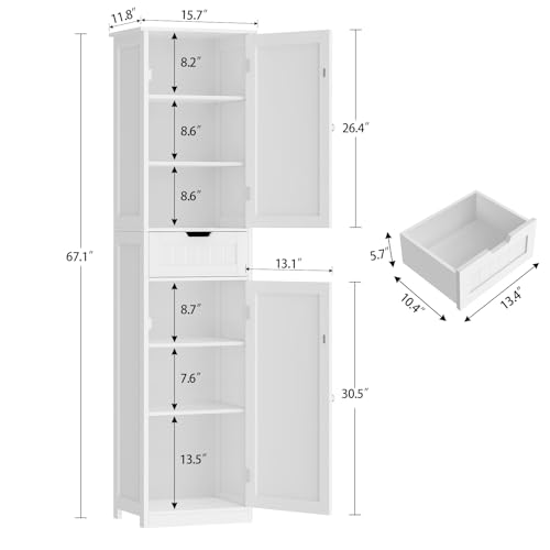 FIONESO 67" Tall Bathroom Cabinet, Storage Cabinet with Drawer & 2 Adjustable Shelves, Bathroom Storage Cabinet with 2 Doors, Floor Cabinet for Living Room, Bathroom, Home Office, Entryway, White