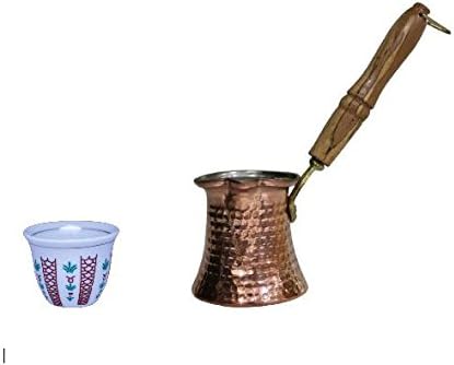 Traditional Style Set of 12 Turkish Arabic Coffee Cups Gawa + Hammered Copper Coffee Warmer with Wooden Handle (10 oz Pot)