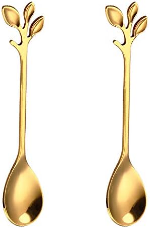 BingGoGo Stainless Steel Spoon,Leaf-shaped Coffee Spoon and Fork,Retro Fruit Fork Dessert Spoon Tea Spoon for Kitchen Dining Bar (Gold-2)