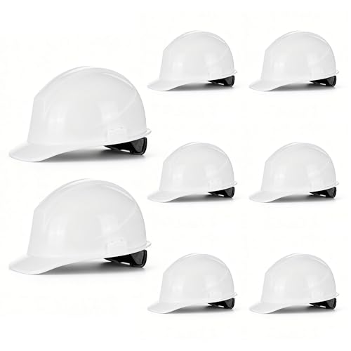 8-Pack Adjustable White Hard Hats with Ratchet Suspension, HDPE Shell, Comforta…