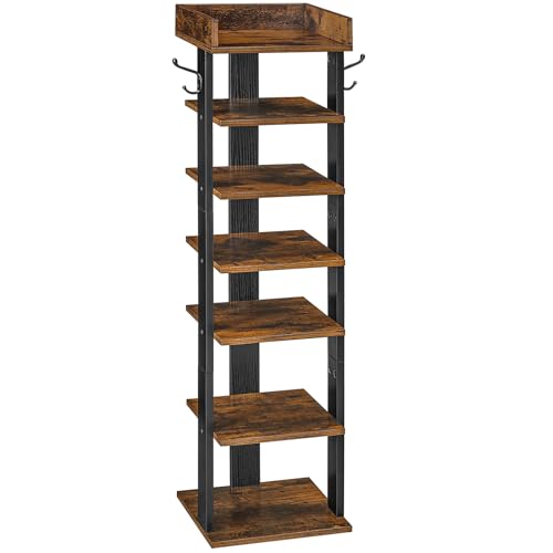 HOOBRO Vertical Shoe Racks for Entryway, 7 Tier Narrow Shoe Shelf with Hooks, Tall Shoe Organizer for Hallway, Bedroom, Stackable Shoe Stand for Samll Space, Adjustable Height, Rustic Brown EBF61XJ01