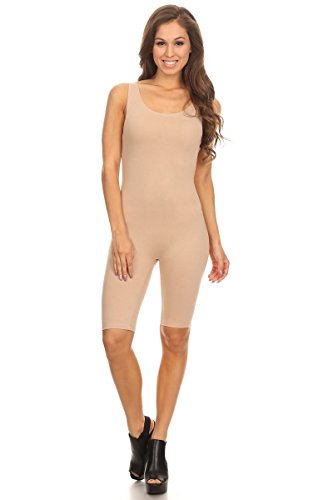 Women Sleeveless Stretch Skinny Solid Knee Length Sport Unitard Bodysuits Active (X-Large, Natural)