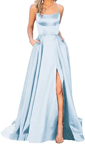 JASY Women's Spaghetti Satin Long Black Prom Dresses with Pockets