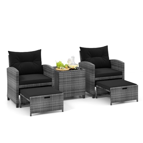 Tangkula 5 Piece Patio Rattan Furniture, Wicker Cushioned Chairs Set with 2 Ottomans & Tempered Glass Coffee Table, for Poolside, Backyard, Lawn, Deck