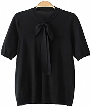women sweet bow tie knitted stripped shirts elastic short sleeve blouse black white o neck ladies casual tops DT1072 Black S