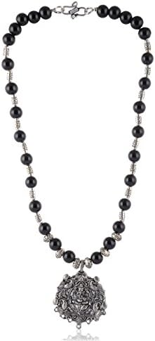 Enaakshi Fashion Jewellery Handmade Necklace with Black Beads Strand Oxidised Silver Pendant Necklace for Women (ENANEKB18)