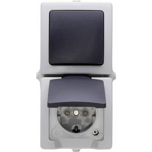 Kopp Nautic Toggle Switch Socket Combination in Grey - Safe Surface-Mounted Socket with Lid and Increased Touch Protection - Vertical IP44 Wet Room Surface-Mounted Switch with Socket 16 A / 250 V ~