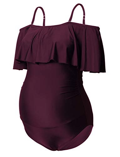 GINKANA Maternity Bikinis Tankini Flouncing One Piece Swimsuit Pregnancy Beachwear Summer Bathing Suits Burgundy