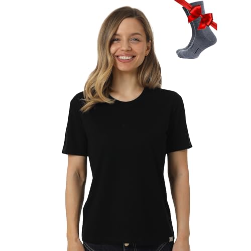 Merino.tech 100% Merino T Shirt Damen - Merinowolle Sport Wandern Thermoshirt Damen + Wandersocken (Medium, Black Crewneck) thumbnail 1