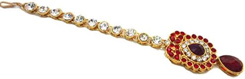 Sparkle World Indian Traditional Gold Tone Mahroon Kundan Maang Tikka Bridal Forehead Head & Hair Jewelry