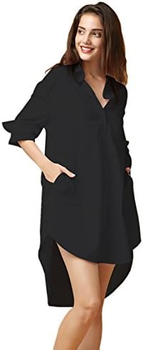 ViviClo Women's Long Sleeve High Low Hem Pockets Boyfriend Shirt Dress Tunic Top Blouse (X-Large, Black)
