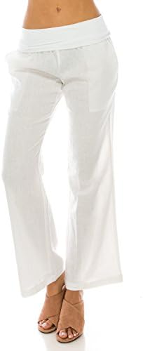 Me in California Women's Plus Size Comfy Fold Over Band Waist Linen Pants With Pockets White X-Large LP1002