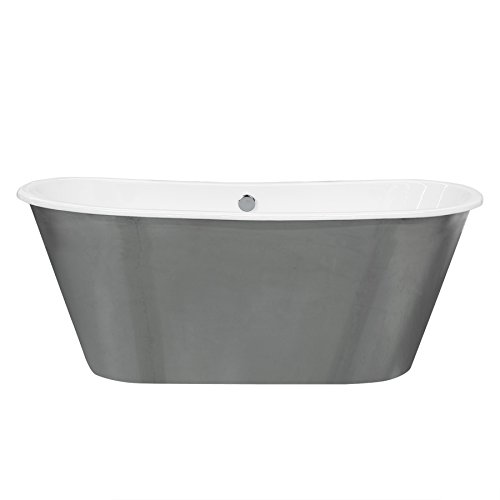MAYKKE Woodward 67" Industrial Oval Cast Iron Bathtub | Freestanding White Bateau Tub with Gun Metal Silver Stainless Steel Skirt, Overflow, for Bathroom | cUPC Certified, Drain Included | NHA1010101
