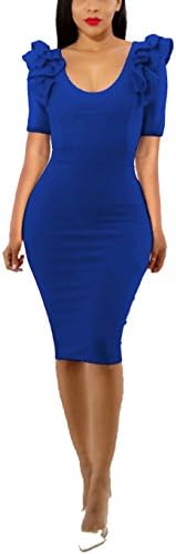 PrettySoul Women's Elegant Short Ruffle Sleeve Round Neck Wear to Work Bodycon Pencil Party Club Midi Dress Blue, Medium