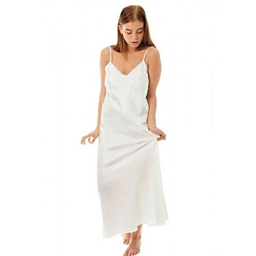 Womens Sleepwear Silk Pajamas Lace Patchwork Nightgown Full Slips Sexy Sling Sleep Dress White - Thumbnail 3