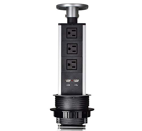 Pop Up Outlet Desk Power Socket Retractable Hidden Recessed Power Strip Charging Station With 3 AC Outlet with 2 USB Ports, 5.5FT Long Power Cord for Kitchen Counter Island Conference Office Table