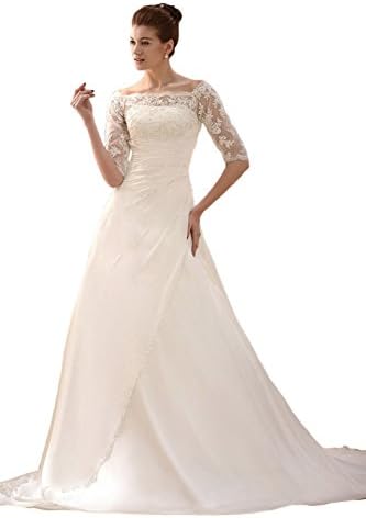 Annxrose Women's Half Sleeve Beading Appliques Off The Shoulder Chiffon A-Line Wedding Dress Bridal Gown