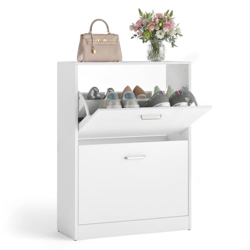 VASAGLE CUSTOS Kollektion - Schuhschrank, Schuhkipper, Schuhregal, Schuhaufbewahrung, Trennwand verstellbar, 2 Klappen, für 10-12 Paar Schuhe, 24 x 60