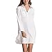 Women's Cotton Beachwear Bikini Swimwear Beach Club V-neck Sexy Perspective Cover Up Skirt Bathing suit, Cream-shirt, One Size
