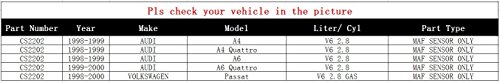 AutoPart T CS2202 New MAF Mass air flow Sensor, for Audi 1998-1999 A4/ A4 Quattro/ A6/ 1999-2000 A6 Quattro(2.8L V6), 1998-2000 Volkswagen Passat(2.8L V6 GAS), MAF SENSOR ONLY