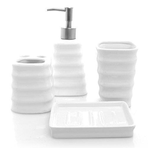 MyGift 4 Piece Ribbed White Ceramic Bathroom Accessory Set w/Toothbrush Holder, Tumbler, Soap