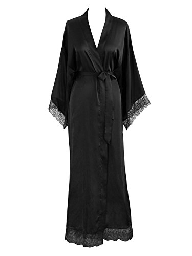 Old Shanghai Women's Kimono Robe Long - Lace Trim (Black)