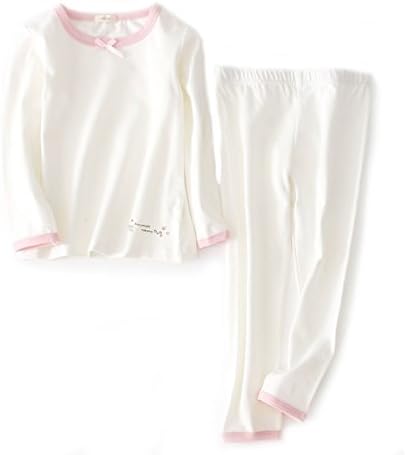 DGAGA Girls Cotton Pajama Set Solid Sleepwear Thermal Sets 2pcs Top and Legging White 7-8 Years/140cm