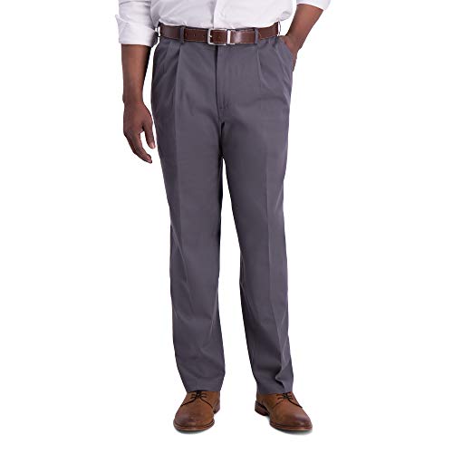 Haggar Men's Iron Free Premium Khaki Classic Fit Pleat Front Expandable Waist Casual Pant