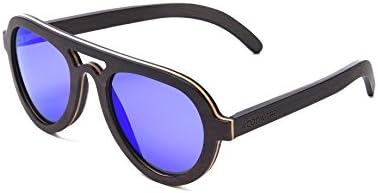 WOODWORD Polarized Handmade Wood Sunglasses in Aviator Style with Wood Case (ebony wood, mirror blue)