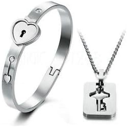 SLB Works Brand New Lovers Couple Heart Lock Bracelet with Lock Key Pendant Titanium Steel Sets New
