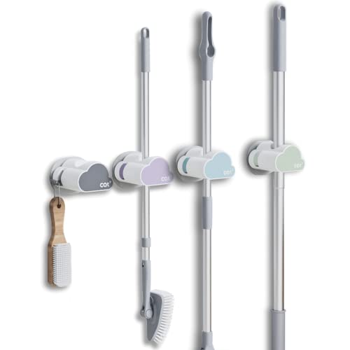 CQT Mop and Broom Holder Gripper Holds Self Adhesive No Drilling Wall