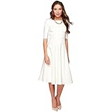 Dantiya Women's Half Sleeve Elegant Back Zipper A-Line Knee Long Dress, White, Large