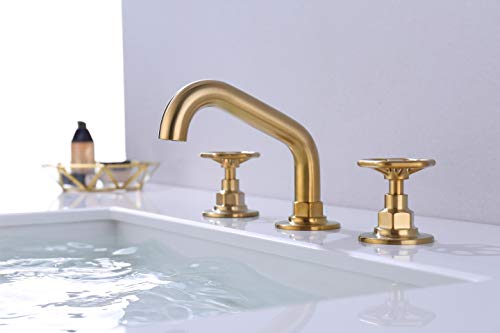 RKF Solid Brass Two Handle Widespread Bathroom Sink Faucet with Pop-up Drain with overflow and CUPC Faucet Supply Hoses,Brushed Gold,CWF026C-BG