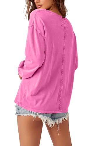 ALLIMY WOMENS CASUAL SPRING FASHION 2025 LONG SLEEVE TOPS TUNIC TOPS PULLOVER CREWNECK SWEATSHIRTS ACTIVE POCKET TEE SHIRT CLOTHES FOR WOMEN TEEN GIRLS TRENDY DISTRESSED TSHIRTS HOT PINK US 20 22