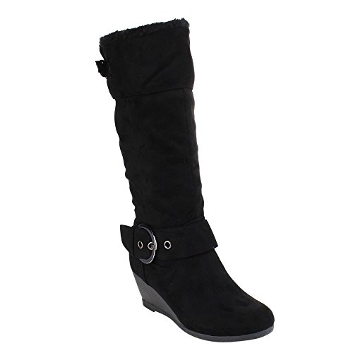 DBDK AE11 Women's Buckled Strap Partial Zipper Wedge Heel Winter Boots, Color:BLACK, Size:8 DBDK AE11 Women's Buckled Strap Partial Zipper Wedge Heel Winter Boots, Color:BLACK, Size:8