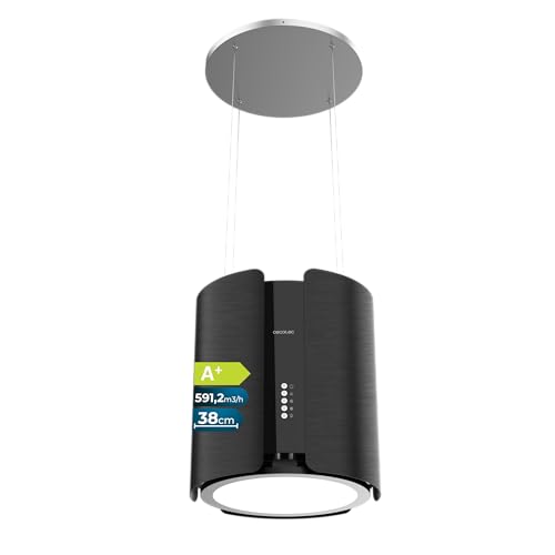 Cecotec Cappa a Isola Rotonda 38 cm Bolero Flux CRE 385500 Black A+. Portata 591,2 m³/h, Motore DC, Comandi Elettronici, Filtro Carbone, Classe A+, Finitura Acciaio Nero