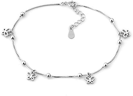 Sterling Silver Double Chain Anklets/Bracelet Heart Beads Adjustable Foot Ankle Bracelet
